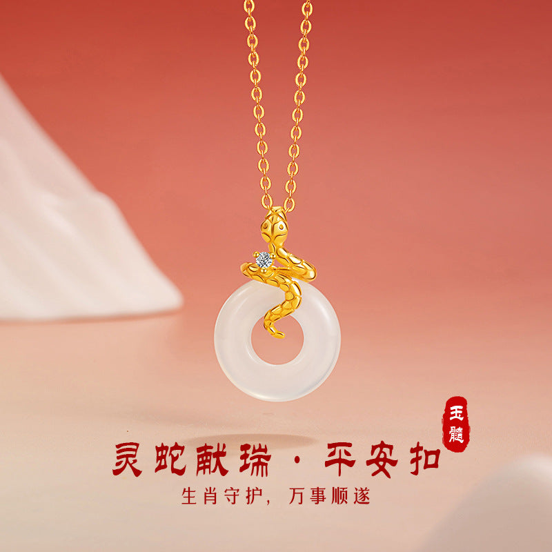 Fuyun Cute Snake Sterling Silver 925 Chalcedony Necklace National Fashion Birth Year Safety Buckle Clavicle Chain Ins Style Zodiac Pendant