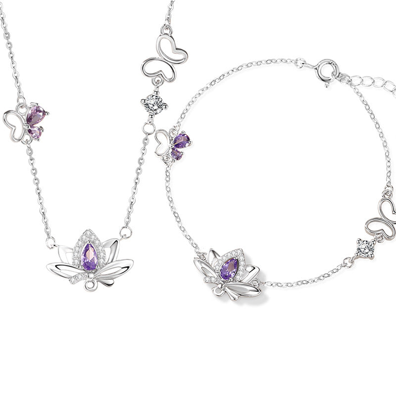 Sterling Silver Lotus and Butterfly Jewelry – Zircon Accents