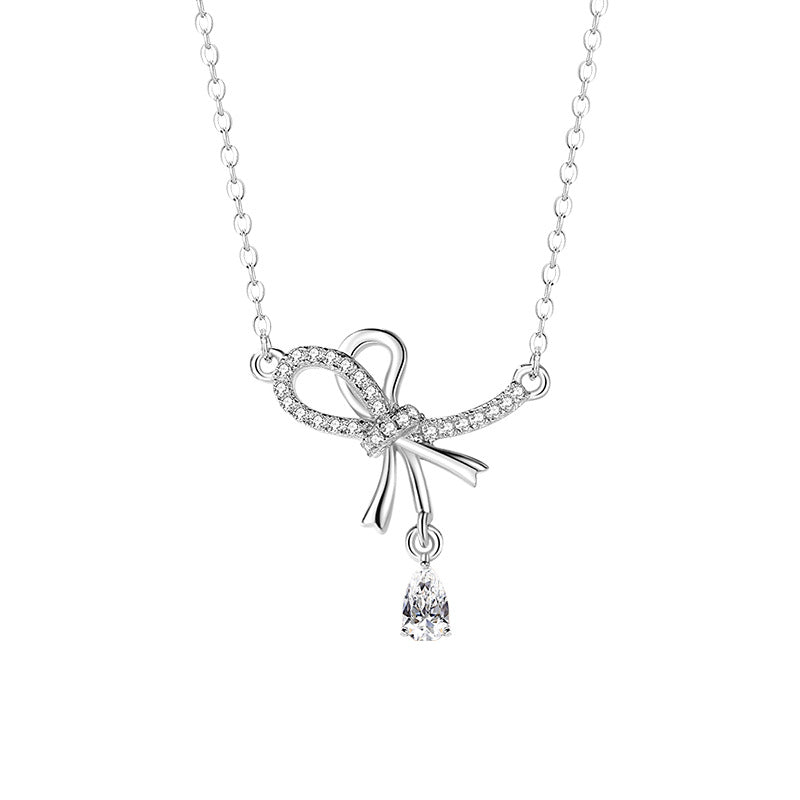 Bow Sterling Silver 925 Necklace Women's Fashion All-Match Zircon Clavicle Chain Ins Style High-Grade Love Pendant
