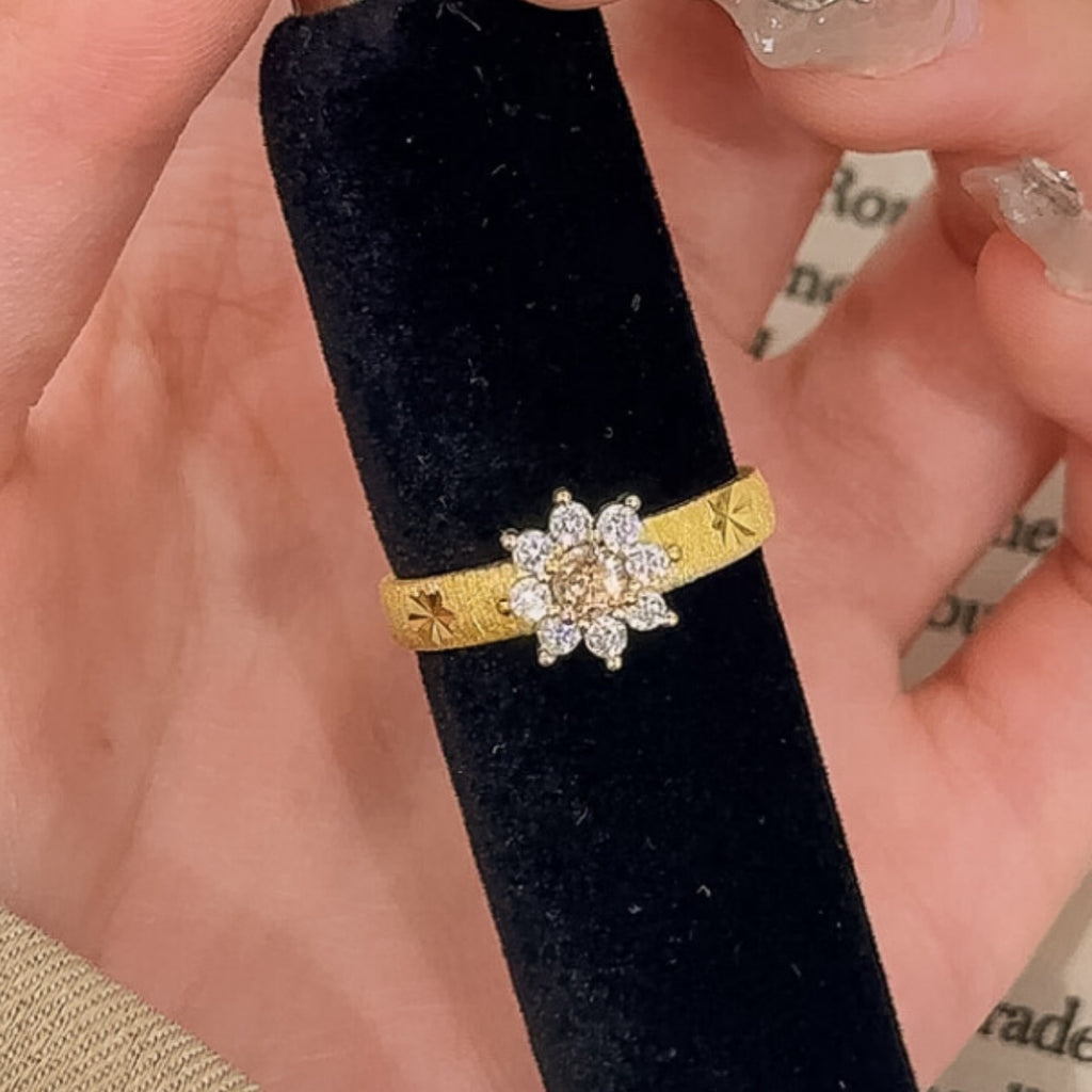 Sunflower Sterling Silver 925 Ring Women's Vintage Court Style Zircon Flower Ring Ins Style Brushed Ice Flower Ring
