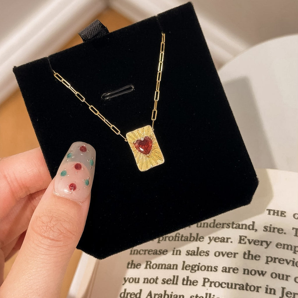 Square Heart-Shaped Sterling Silver 925 Necklace Women's Antique Texture Red Zircon Clavicle Chain Ins Light Luxury High-End Pendant