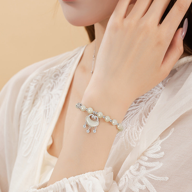 Safe Ruyi Lock Sterling Silver 925 Hetian Jade Bracelet Female New Chinese National Fashion Longevity Lock Bracelet Ins Bell Bracelet