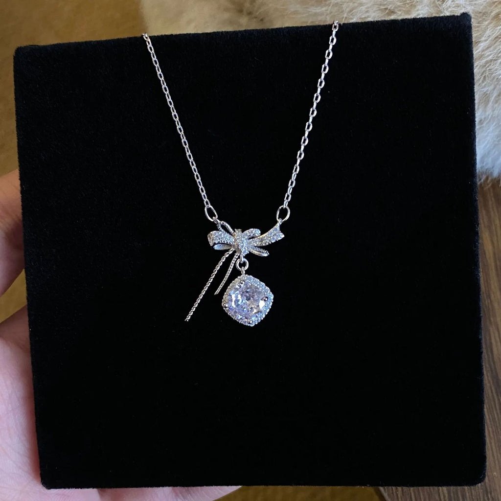 Bowknot Sterling Silver 925 Necklace Female Cute Sweet Style Zircon Clavicle Chain Ins Valentine's Day Cube Sugar Line Pendant