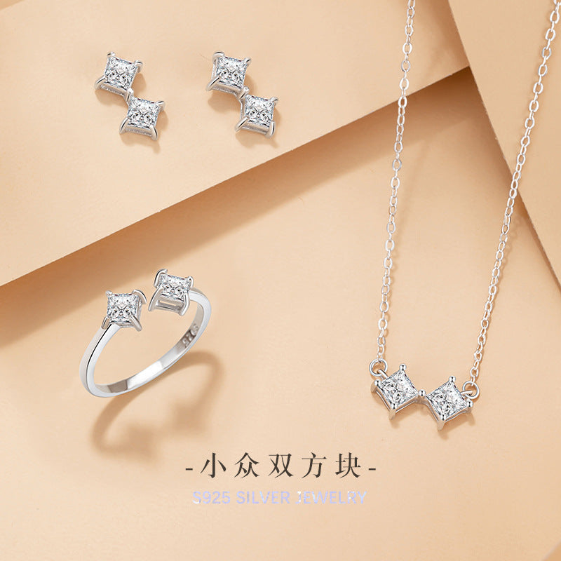 Small Square Sugar Sterling Silver 925 Necklace Female Niche Design Light Luxury Zircon Star Ring Ins Style Square Ring