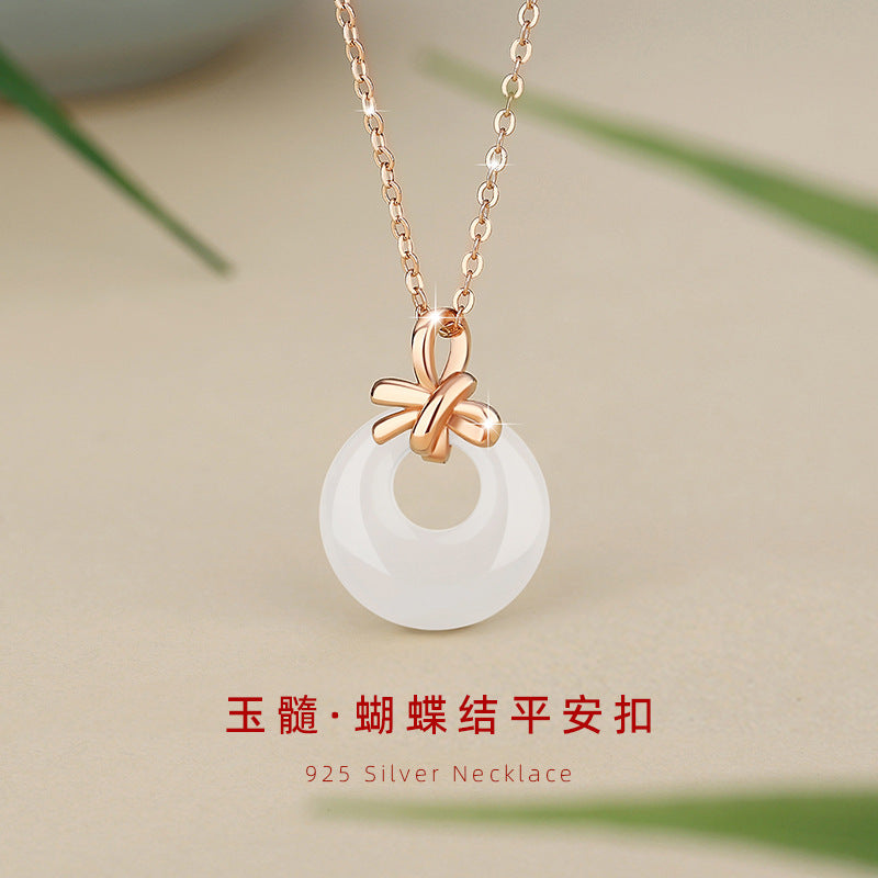 Sterling Silver Disc and Bow Necklace – Chalcedony