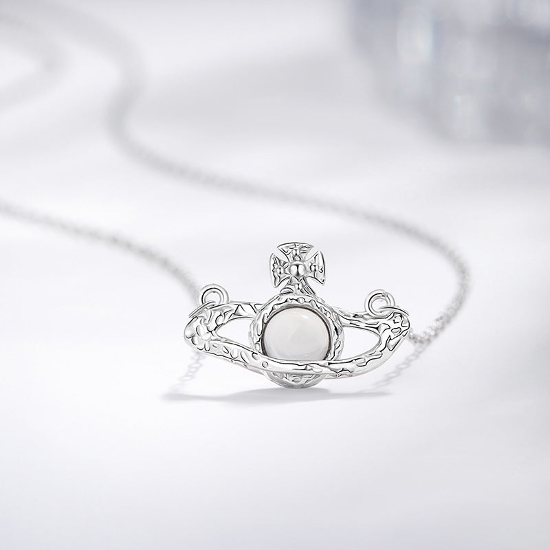 Saturn Sterling Silver 925 Chalcedony Necklace Female Niche Design Light Luxury Star Clavicle Chain Ins Style Cross Pendant