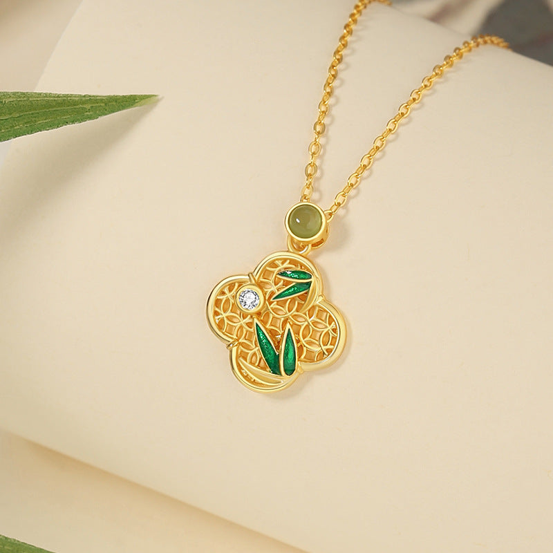 Original Lucky Four-Leaf Clover Hetian Jasper Sterling Silver 925 Necklace New Chinese Style Bamboo Clavicle Chain Ins Window Flower Pendant