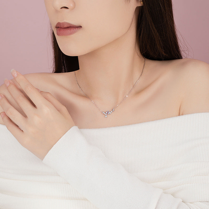 Lovely Sterling Silver 925 Necklace Women's Fashion Versatile Moonstone Clavicle Chain Ins Style Star Pendant for Girlfriend