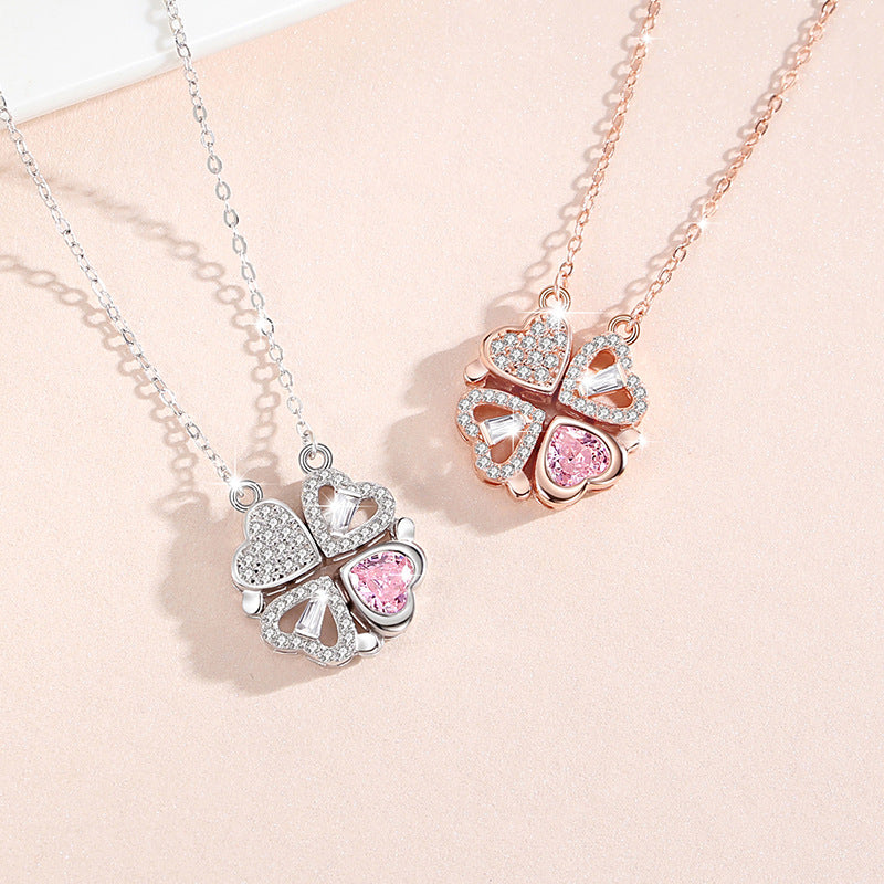Lovely Magnetic Sterling Silver 925 Necklace Light Luxury Pink Zircon Clavicle Chain One Two-Piece Lucky Clover Pendant