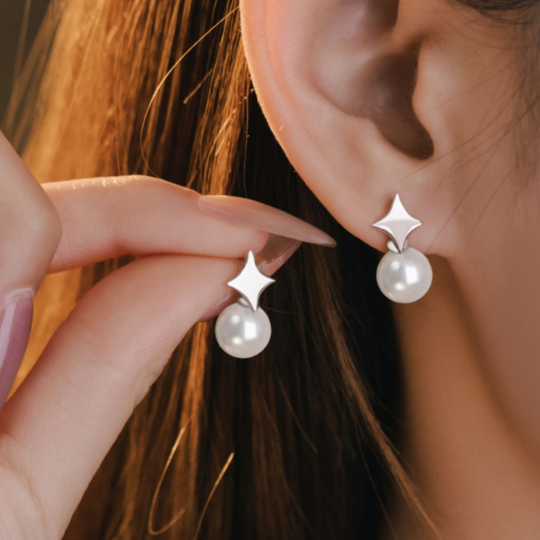 Four-Star Awn Sterling Silver 925 Stud Earrings Female Niche Design Light Luxury Style Shijia Pearl Earrings High-Grade Star Earrings