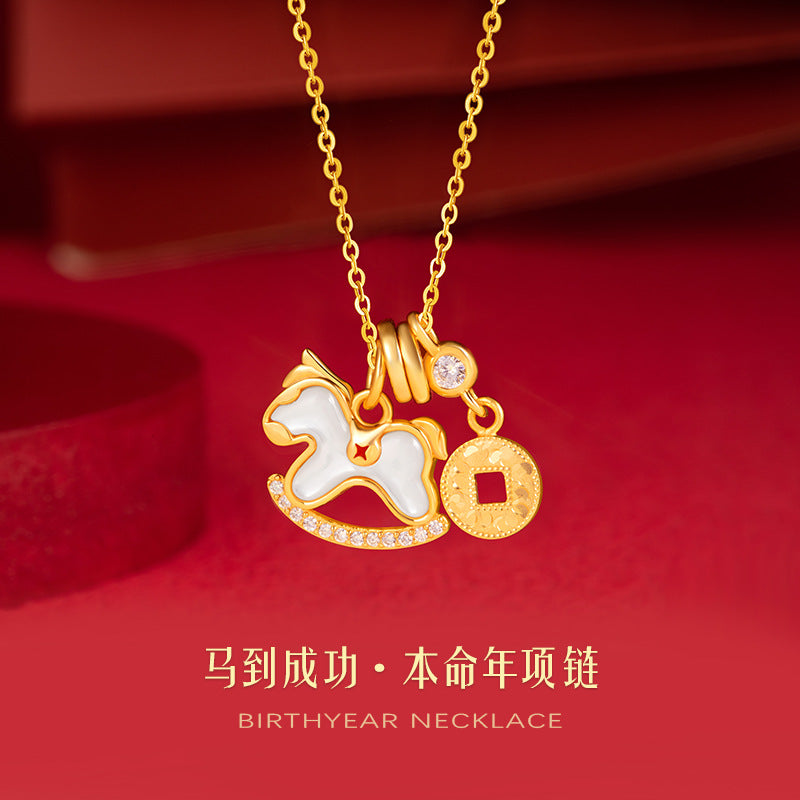 Immediately Rich S925 Sterling Silver Necklace Women's High-Grade White Fritillary Birth Year Niche Clavicle Chain Horse Zodiac Pendant
