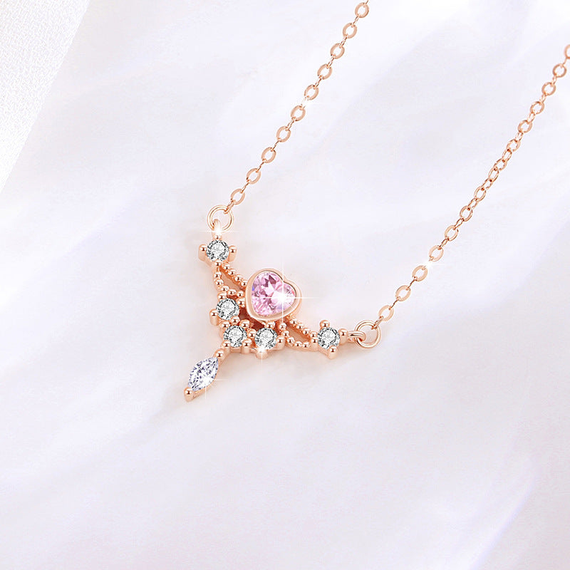 Lovely Sterling Silver 925 Necklace Female Niche Design Light Luxury Pink Diamond Clavicle Chain Get Things Ins Angel Wing Pendant