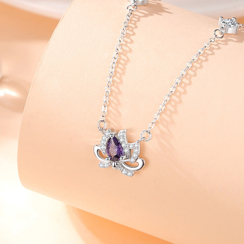 Lucky Lotus Sterling Silver 925 Necklace Female Niche Design Light Luxury Bow Clavicle Chain Ins Style Lotus Pendant