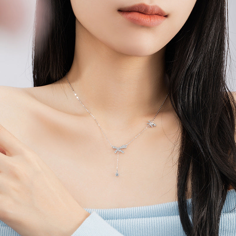 Bowknot Sterling Silver 925 Necklace Female Niche Design Light Luxury Zircon Tassel Clavicle Chain Ins Style Love Pendant