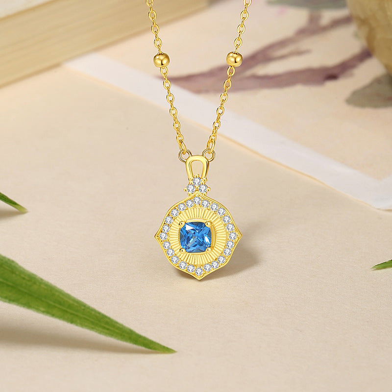 Ocean Heart Sterling Silver 925 Necklace Female Niche Design Light Luxury Zircon Cube Sugar Clavicle Chain Ins Love Pendant