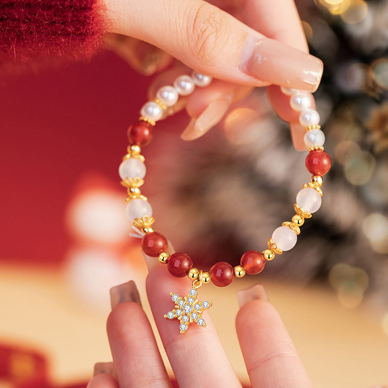 Snowflake Sterling Silver 925 Bracelet Women's Fashion All-Match Shijia Pearl Bracelet Ins Style Christmas Gift Chalcedony Bracelet