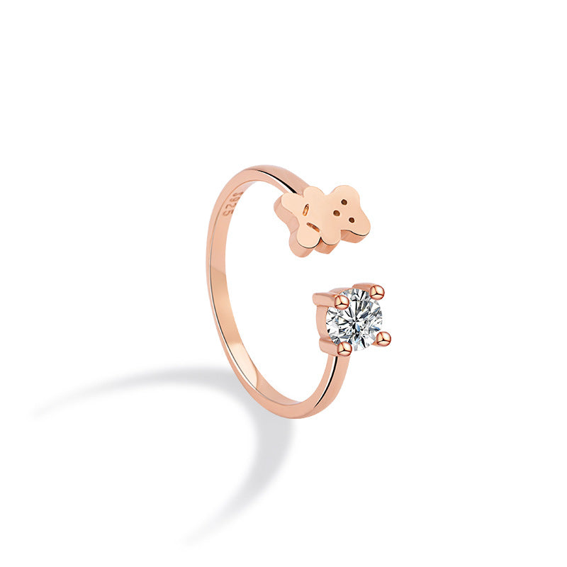 Teddy Bear Sterling Silver 925 Ring Female Fashion Versatile Zircon Ring Ins Style Cute Cute Bear Adjustable Ring