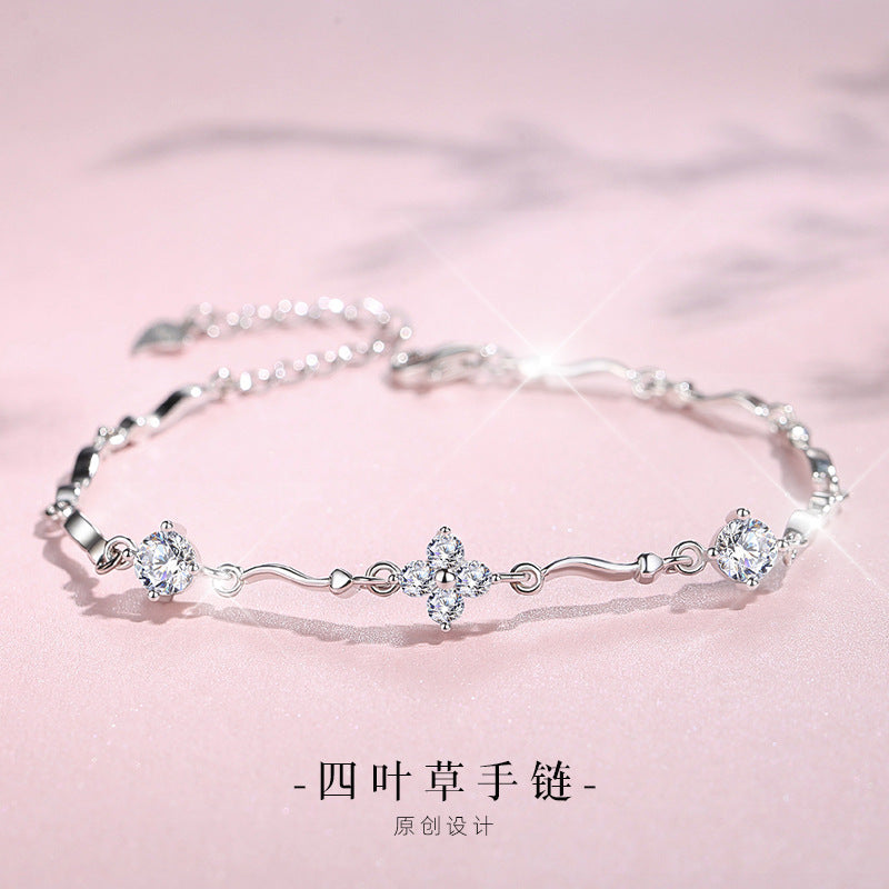 Clover Lucky Sterling Silver 925 Bracelet Female Korean Style Ins Style Simple Valentine's Day Girlfriends Birthday Gift Bracelet