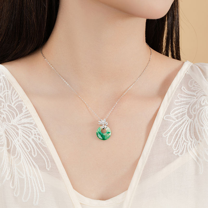 Sterling Silver Lotus and Disc Necklace – Jade