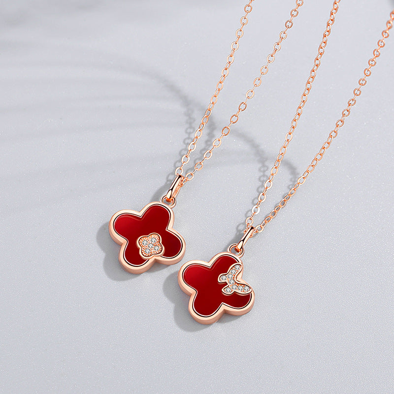 Original Clover Sterling Silver 925 Necklace Women's Light Luxury Chinese Valentine's Day Gift for Girlfriend Ins Simple Red Agate Pendant