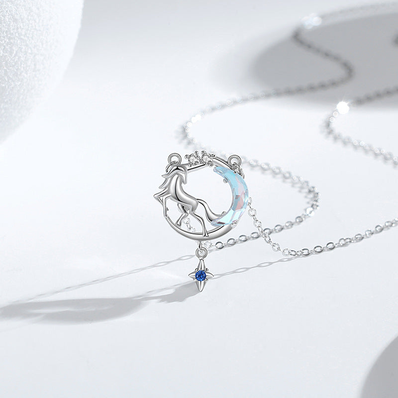 Unicorn Sterling Silver 925 Necklace Female Niche Design Light Luxury Glass Stone Moon Clavicle Chain Ins Star Pendant