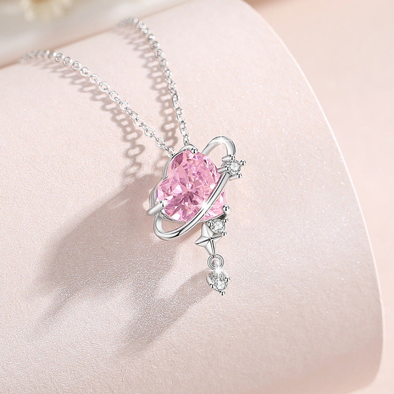 Lovely Sterling Silver 925 Necklace Female Niche Design Light Luxury Pink Zircon Clavicle Chain Get Things Ins Planet Pendant