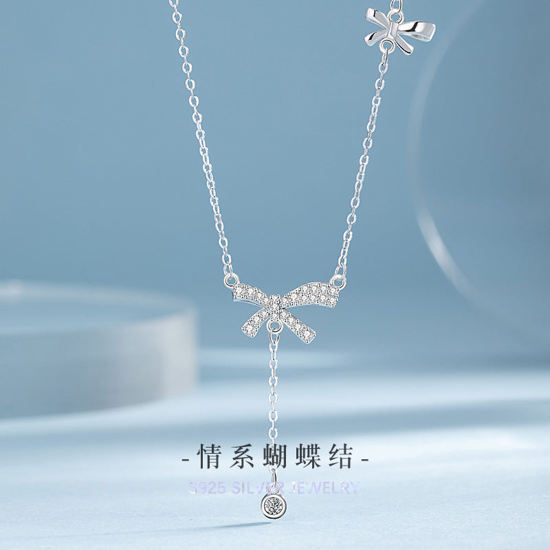 Bowknot Sterling Silver 925 Necklace Female Niche Design Light Luxury Zircon Tassel Clavicle Chain Ins Style Love Pendant