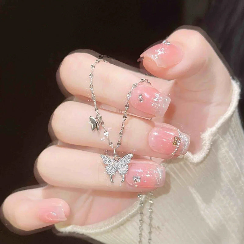 Butterfly Pure Silver 999 Necklace Female Niche Design Light Luxury Zircon Clavicle Chain Ins Style Sparkling Pendant