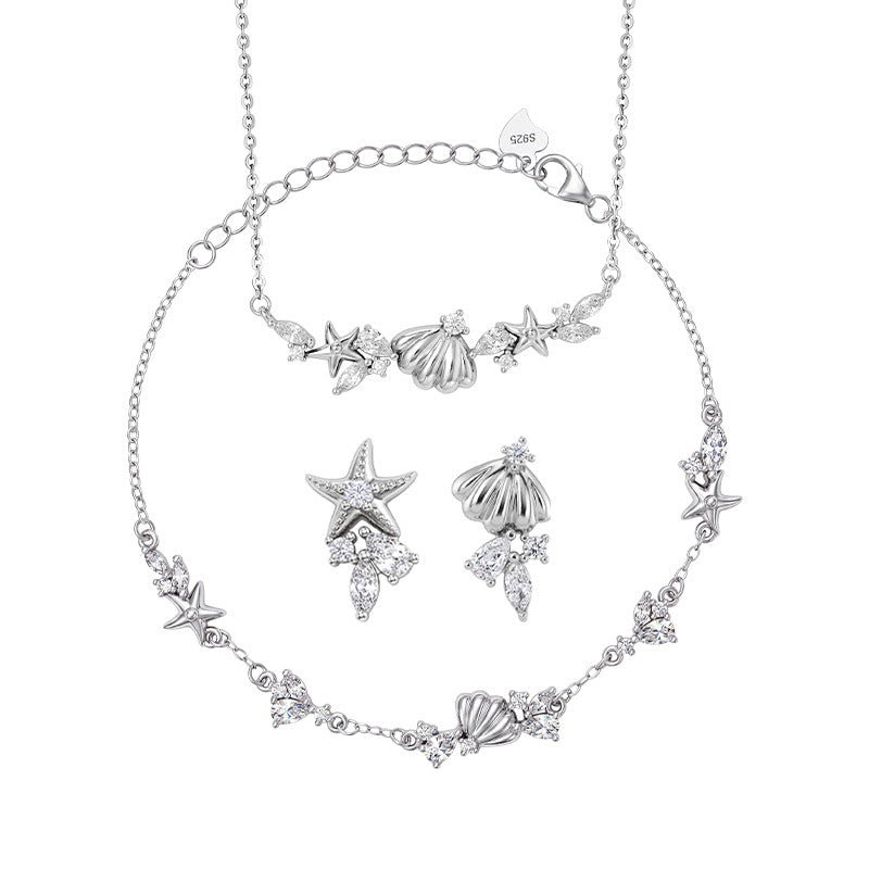 S925 Sterling Silver Necklace Bracelet Stud Earrings Starfish Shell Design Light Luxury Ocean Style Women's Gift Silver Jewelry Set