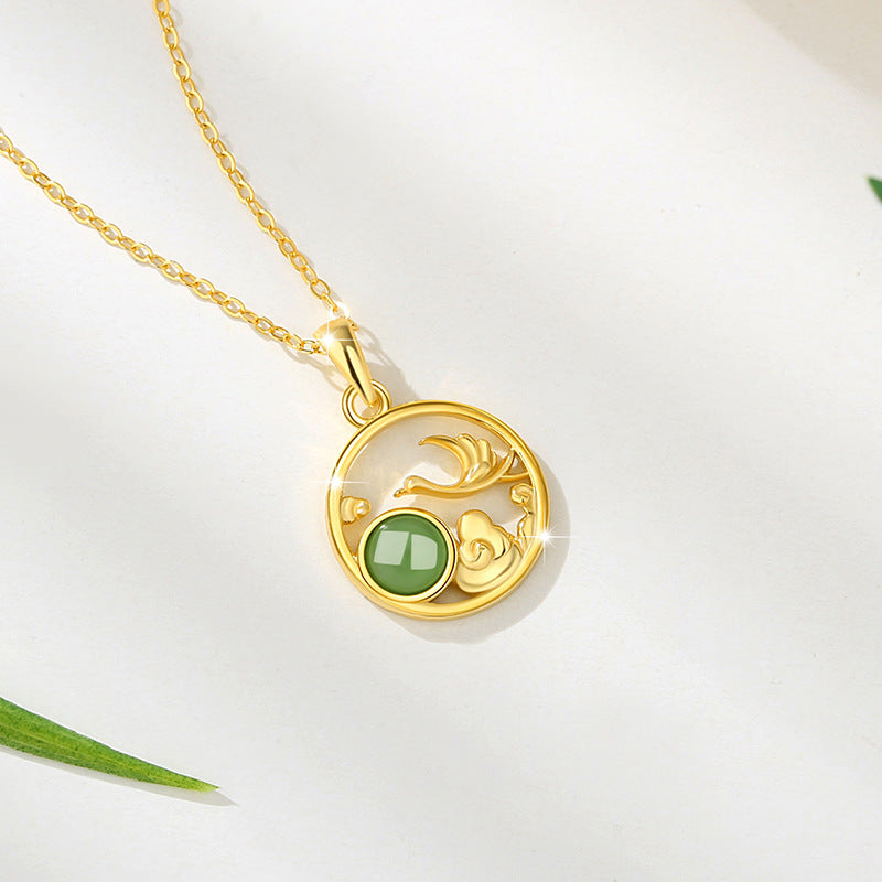 Crane Sterling Silver 925 Hetian Jade Necklace Women's National Fashion Classical Style Auspicious Cloud Clavicle Chain Ins New Chinese Style Pendant
