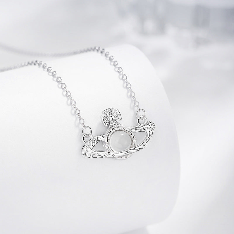 Saturn Sterling Silver 925 Chalcedony Necklace Female Niche Design Light Luxury Star Clavicle Chain Ins Style Cross Pendant