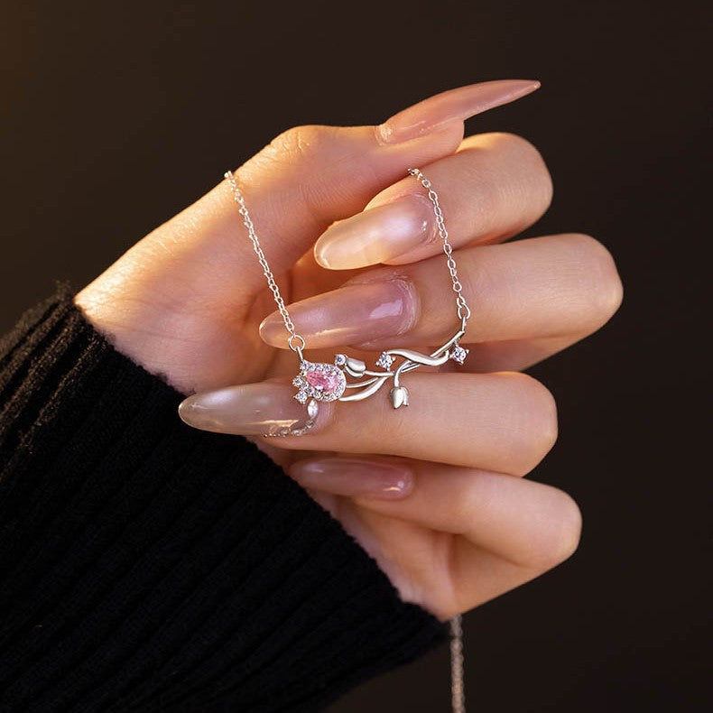 Tulip Sterling Silver 925 Necklace Women's Light Luxury High-Grade Zircon Clavicle Chain Ins Little Red Book Same Style Flower Pendant