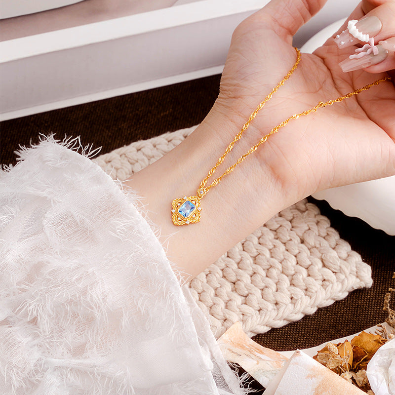Sterling Silver 925 Necklace Buqi Style Hand-Brushed Blue Zircon Clavicle Chain Ins Vintage Diamond High-Grade Pendant