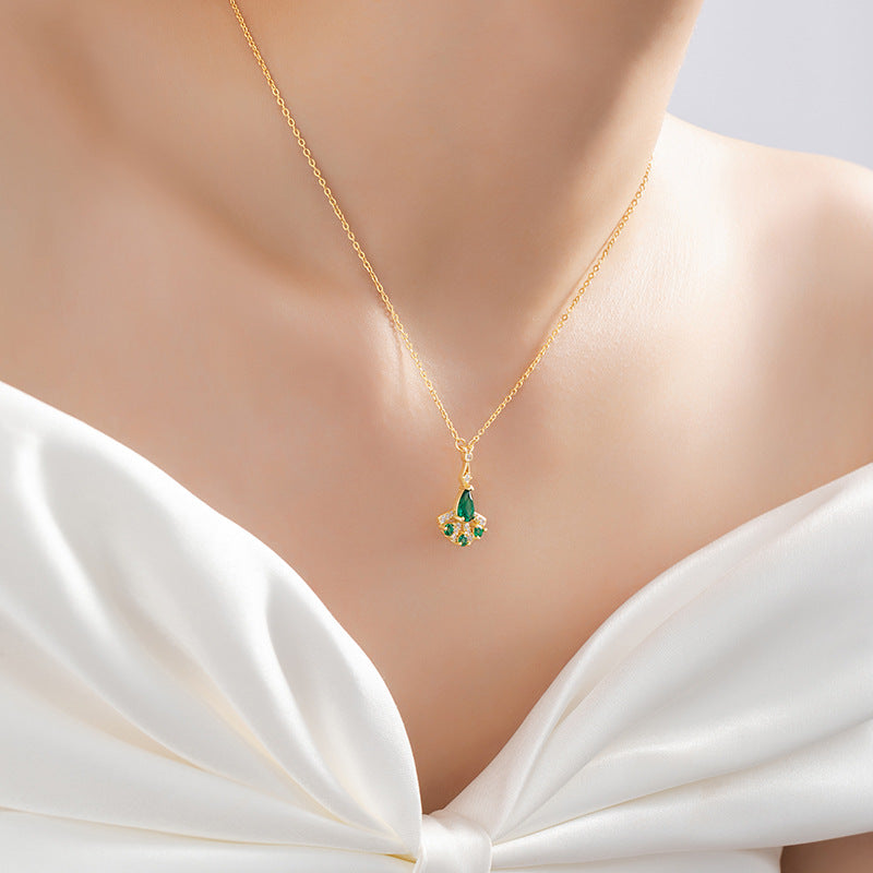 Original Sansheng Lucky Sterling Silver 925 Necklace Female Niche Design Light Luxury Zircon Clavicle Chain Ginkgo Leaf Pendant