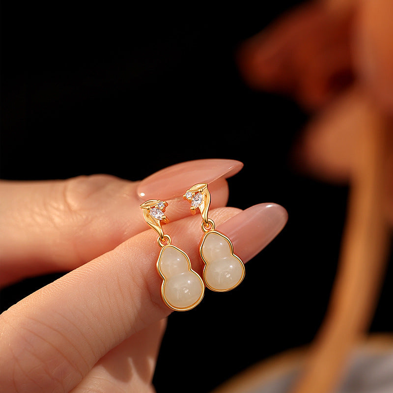 New Chinese Style Hetian Jade Set S925 Sterling Silver Gourd Necklace Ear Studs High-Rise Fu Lu National Style Light Luxury Jewelry
