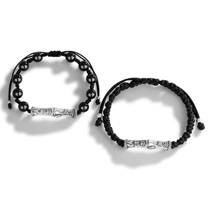 High-Rise Pure Silver 999 Couple's Bracelet New Chinese National Fashion Black Agate Bamboo Bracelet Ins Style Bamboo Bracelet