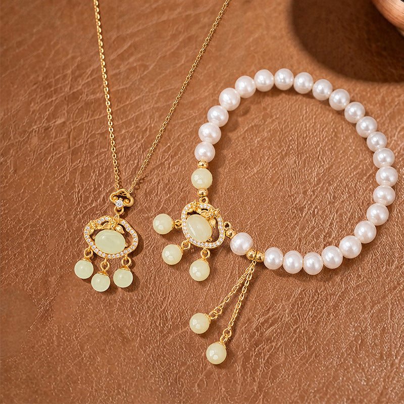 S925 Sterling Silver Hetian Jade Necklace New Chinese Tassel Auspicious Cloud Ruyi Lock Pearl Bracelet National Style Set Accessories