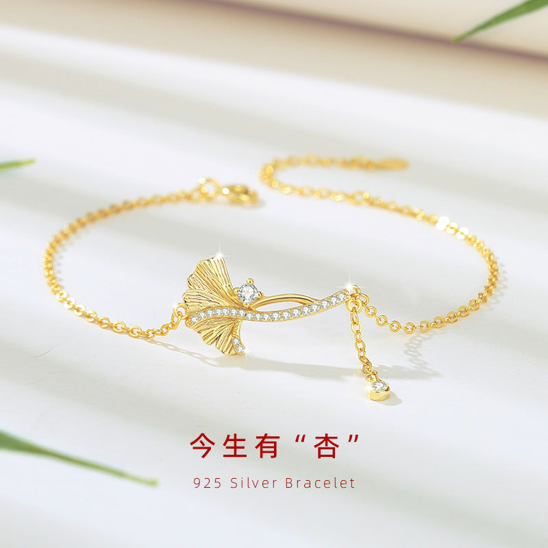 Sansheng Lucky Sterling Silver 925 Bracelet Female Niche Design Light Luxury Zircon Tassel Bracelet Ins Ginkgo Leaf Bracelet