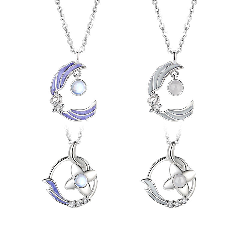Sterling Silver S925 Necklace Natural White Agate Moonstone Pendant Niche Design Angel Wings Unicorn Clavicle Chain