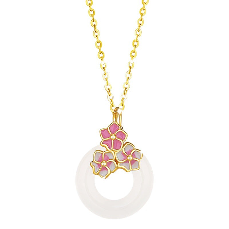 Cherry Blossom Sterling Silver 925 Chalcedony Necklace Female Niche Design Light Luxury Flower Clavicle Chain Ins Style Safety Buckle Pendant