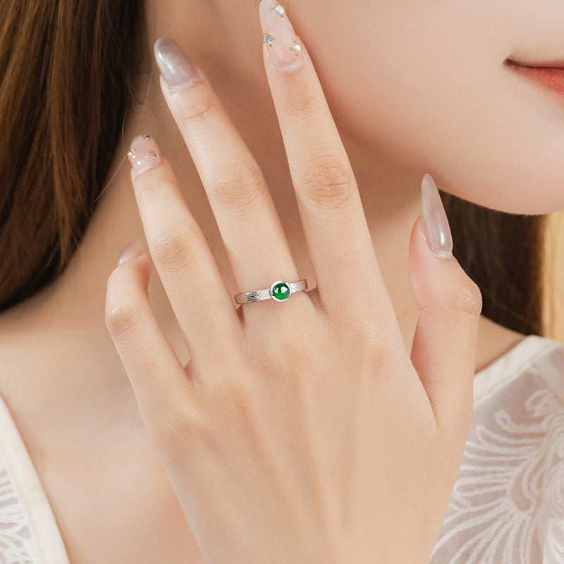 Natural Dangerous Jade Sterling Silver 925 Ring Female Niche Design Light Luxury Ring Ins High-Grade round Ring