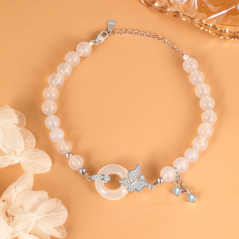 Sterling Silver Disc and Butterfly Bracelet – Chalcedony