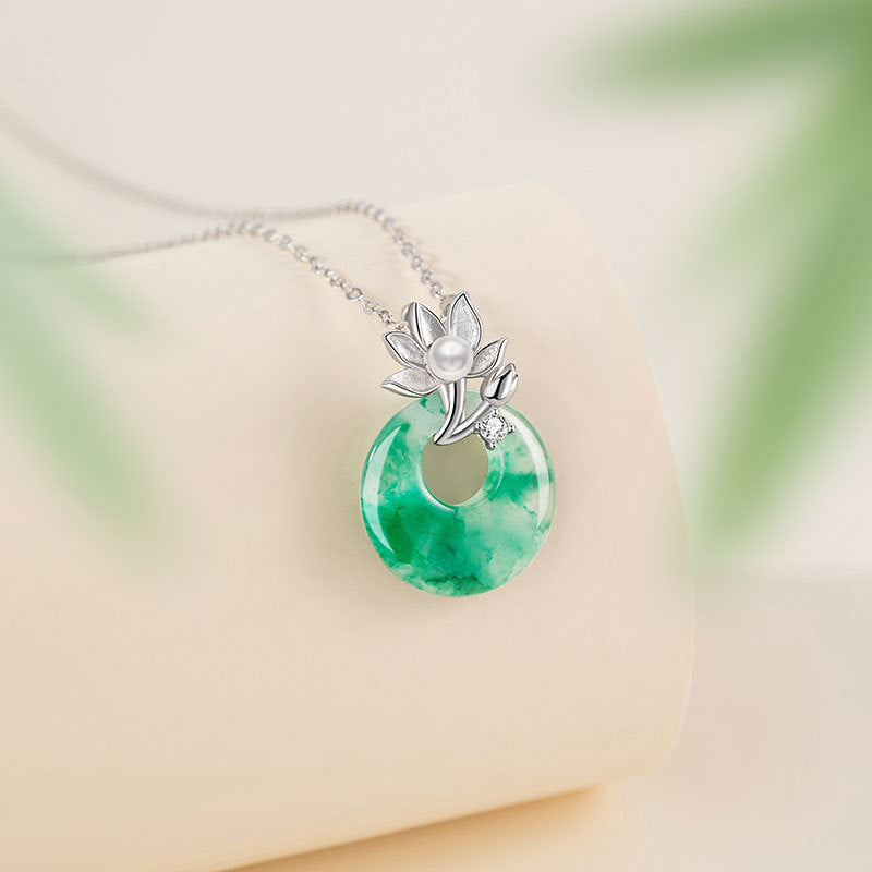 Sterling Silver Lotus and Disc Necklace – Jade