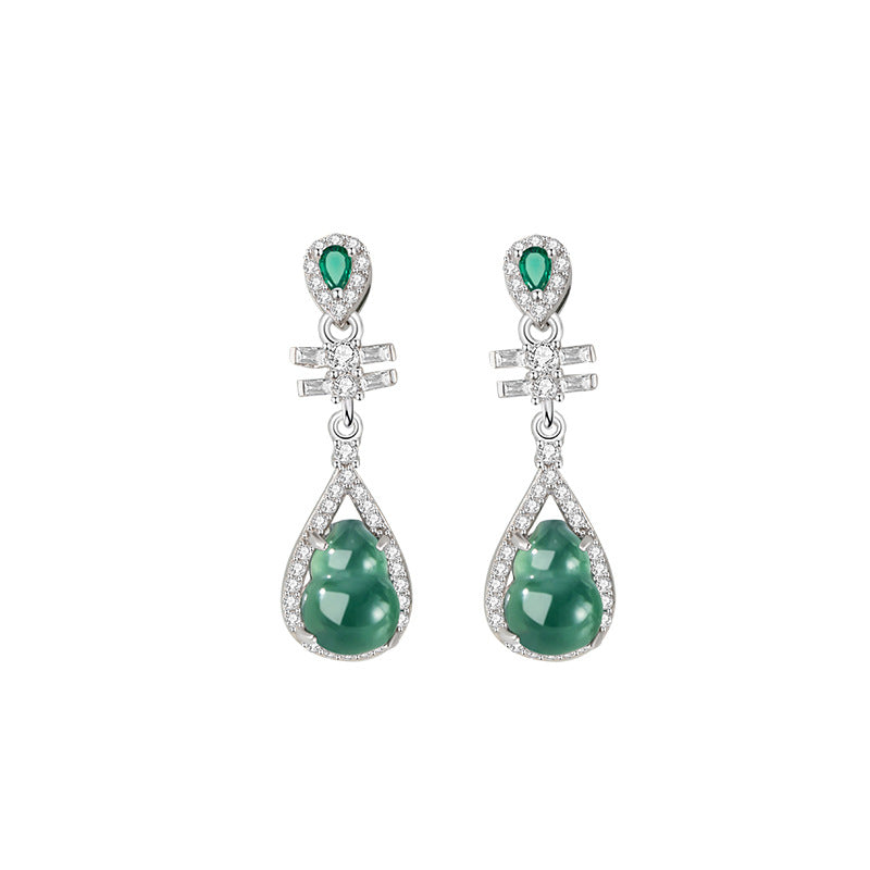 Fu Lu Ankang Sterling Silver 925 Stud Earrings Women's Light Luxury Natural Dangerous Material Blue Water Jade Earrings Ins Style Gourd Earrings