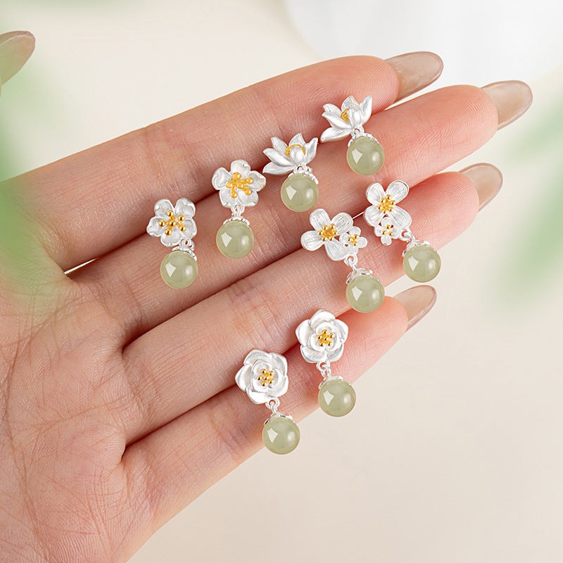 Twelve Flower God Sterling Silver 925 Stud Earrings Women's New Chinese Peach Blossom Natural Hetian Jade Earrings Ins Style Flower Earrings
