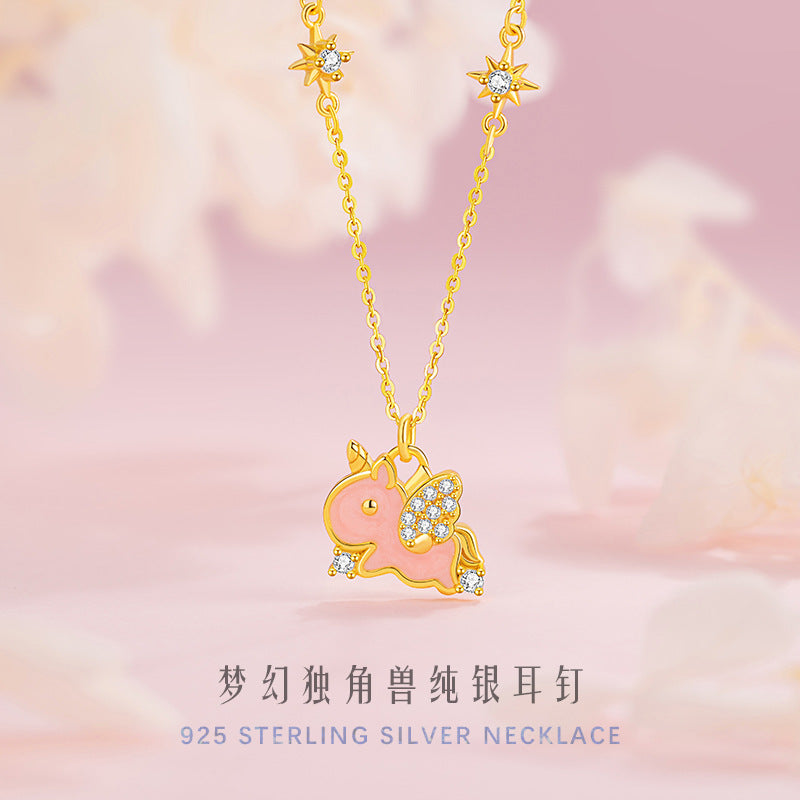 Rainbow Unicorn Sterling Silver 925 Necklace Female Cute Sweet Star Zircon Clavicle Chain Ins Valentine's Day Pendant