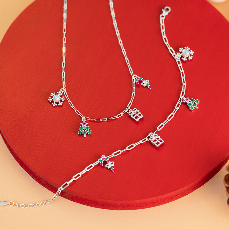 Collana in argento sterling 925 – albero di Natale e fiocco di neve e zirconi