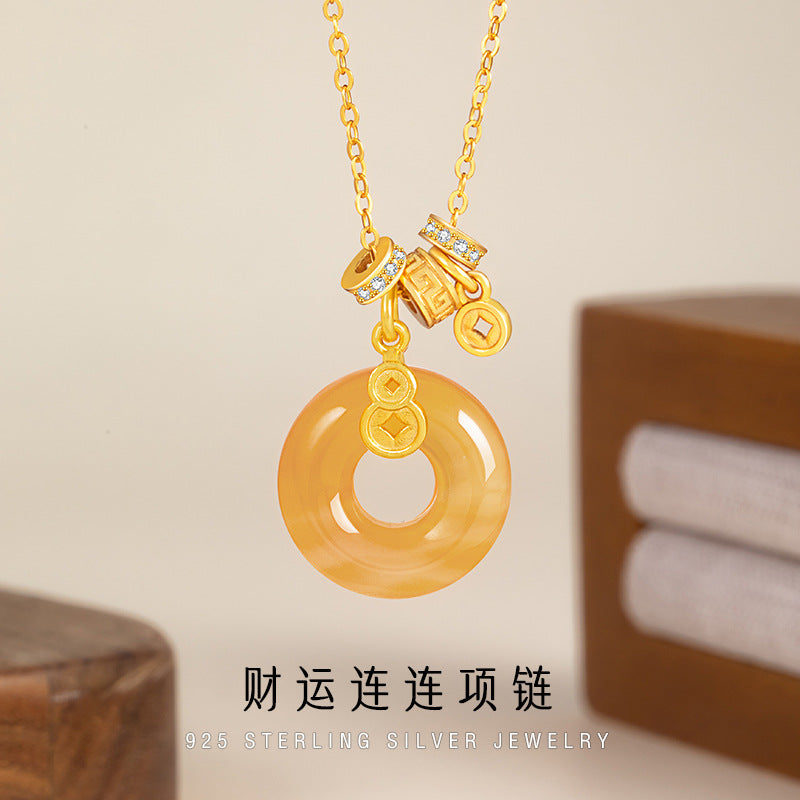 Fu Lu Double Full Sterling Silver 925 Necklace Women's Light Luxury Copper Coin Sugar Red Agate Clavicle Chain Ins Style Gourd Pendant
