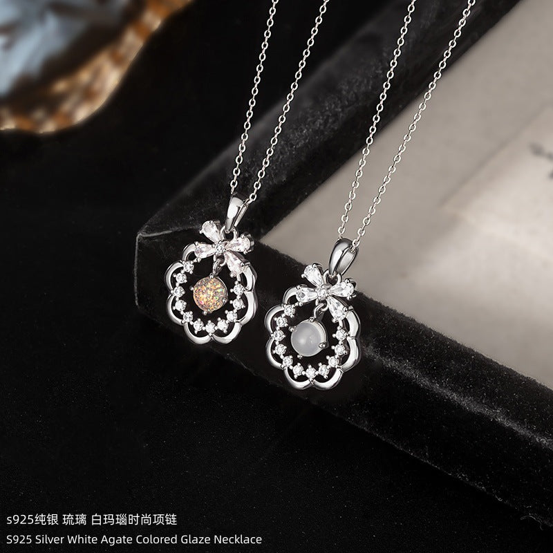 S925 Sterling Silver Necklace Light Luxury Niche High-Grade White Agate Magic Color Glaze Double Optional Clavicle Chain Gift for Women