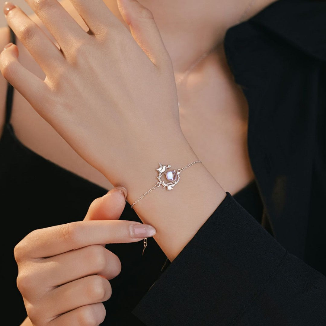 Sterling Silver Eucalyptus and Bird Bracelet – Zircon Accents